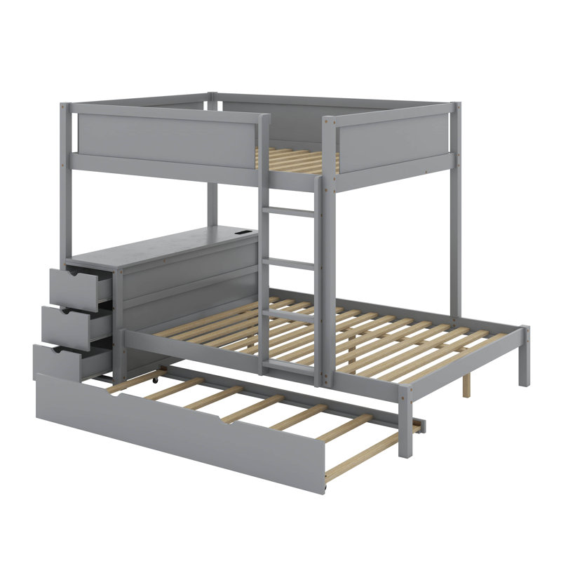 Lit superposé double avec lit gigogne et bureau, gris