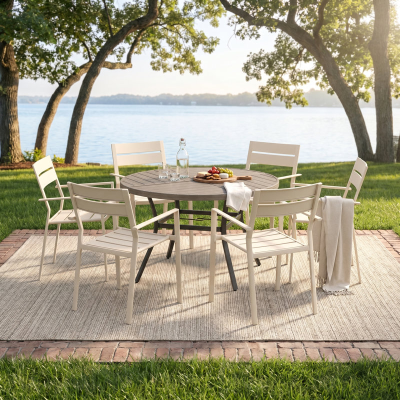 6-Person Patio Dining Set With Metal Chairs, Gray Woodlike/Sand