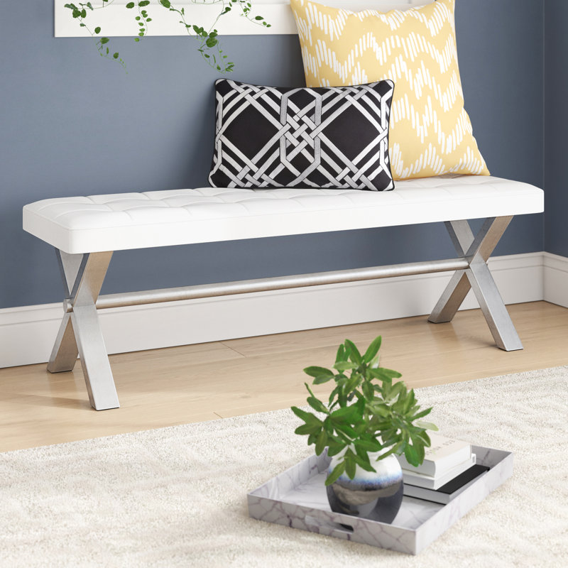 Beverly Faux Leather Upholstered Bench, White Faux Leather