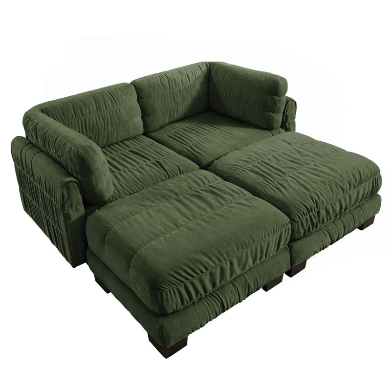 Canapé d'angle modulaire deux places en chenille à détails froncés, mousse haute densité, coussins de dossier épais
