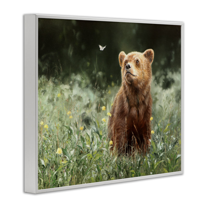 Art de giclée de bébé ours et papillon par Mark Kelso, Estampe numérique encadrée blanc bord de mer, H 24 po x l 30 po