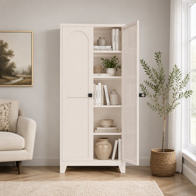 71 Inch Freestanding Metal Storage Cabinet with 2 Decorative Lockable Doors & Adjustable Shelves, Tall Steel Storage Cabinet for Kitchen, Bedroom, Living Room, Home Office, Beige