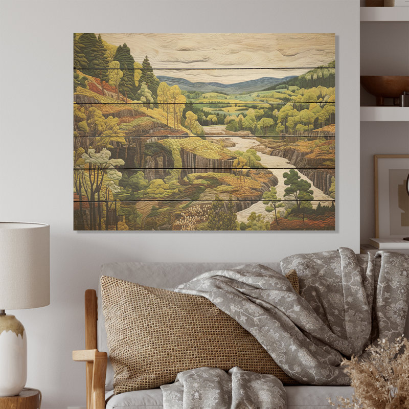 Green Wondering Pastoral Harmony - Mountains River Wood Panel Wall Art On Natural Pine Wood, 24" H x 32" W