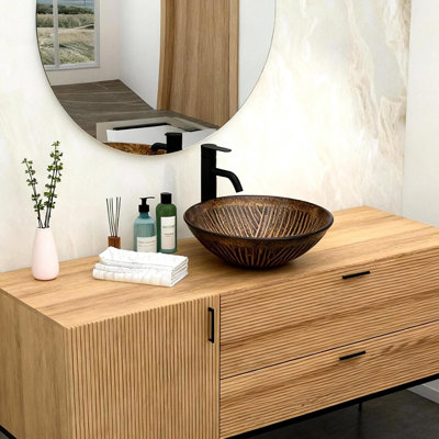 Lavabo vasque ovale artistique en verre trempé ambré, conception unique en plumes radiales, bonde escamotable, fixation au-dessus du comptoir, salle de bain en verre de 6,02 pouces de hauteur avec bords arrondis lisses, parfait pour le confort