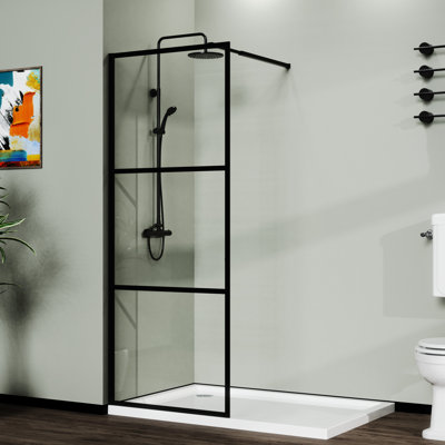 34" Walk-In Shower Screen Door For - Black Paint Frame Thick Tempered Glass Adjustable Support , Clear Needed Installation Design