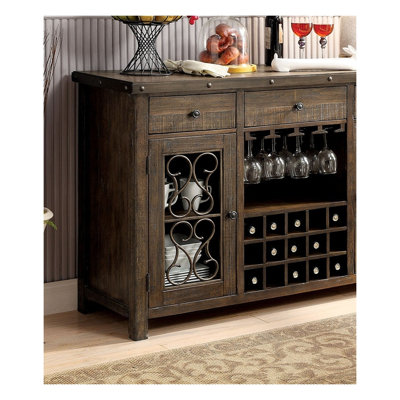 Rustic Walnut Solid Wood Server with Metal Accents and Scroll Details