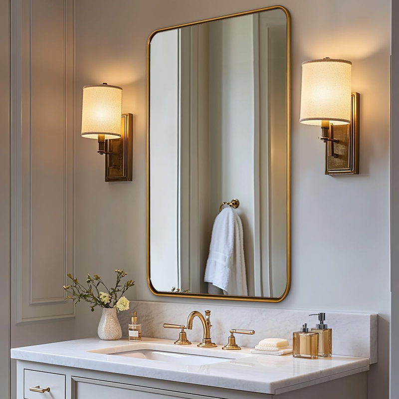 Miroir de salle de bain rectangulaire contemporain arrondi | Structure en U en aluminium, 40 po x 24 po, Or brossé