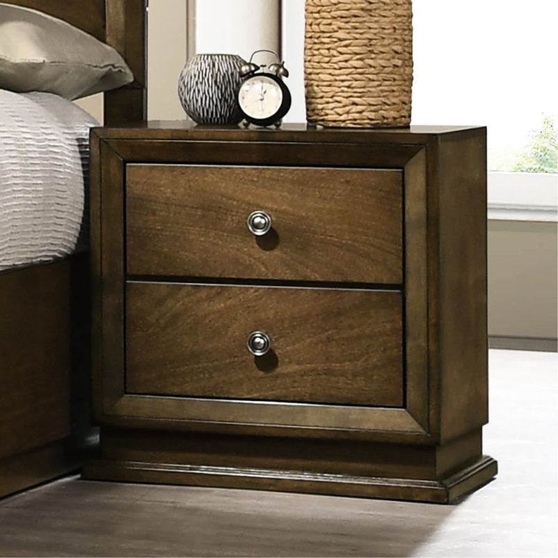 Armoire de chevet à 2 tiroirs en noyer, style transitionnel, bois d'hévéa massif, placage, glissière centrale en métal, table de chevet de l 23,5 po x P 15 po et bouton de bronze contemporain