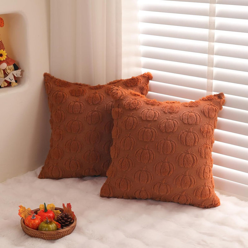 Housses de coussins d'automne 18 x 18 pouces, ensemble de 2 pour décorations d'automne Rouille d'automne Citrouille douce et moelleuse en fausse fourrure Coussins de coussin en laine pour canapé Salon Canapé-lit