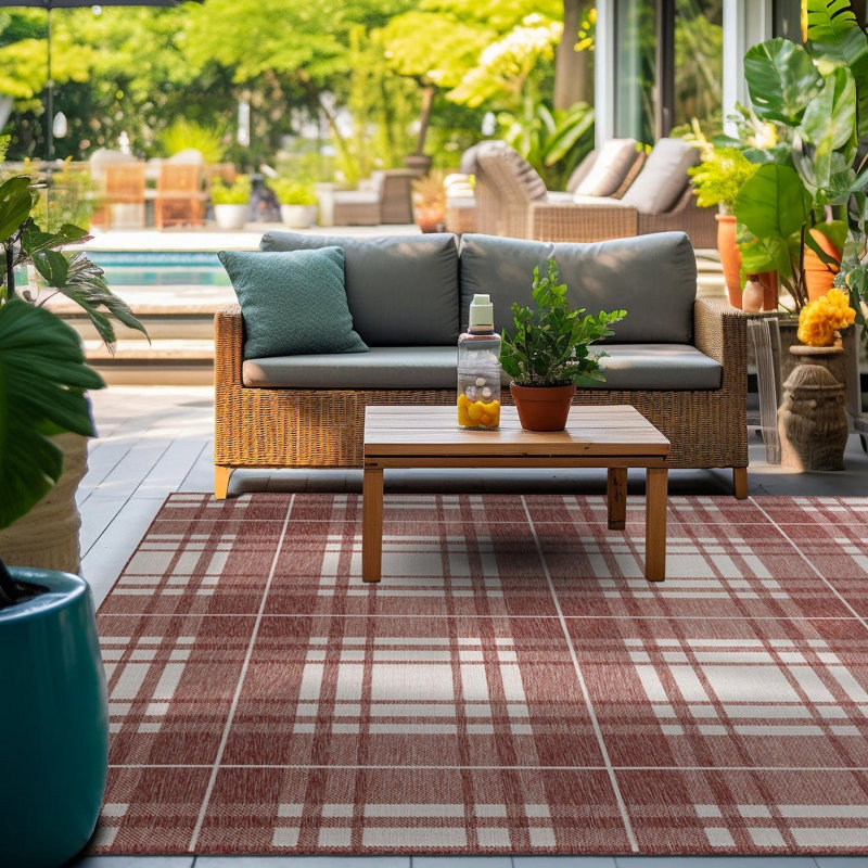 Tereon Plaid Machine Made Power Loom Polypropylene Plastic Indoor/Outdoor Area Rug in Red/White, Square 10'