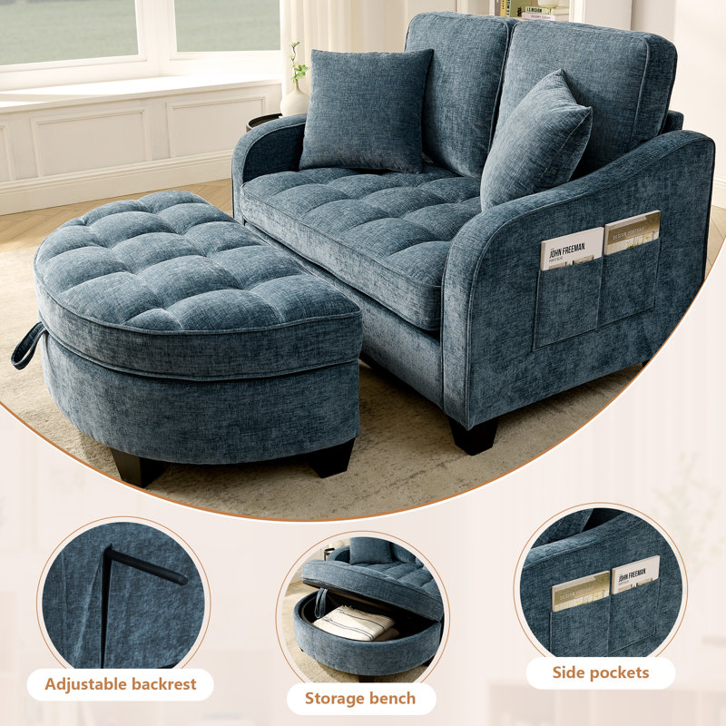 42-Inch Two-Seater Sofa With Recliner And Storage Otto, Suitable For Living Rooms And Bedrooms, Blue