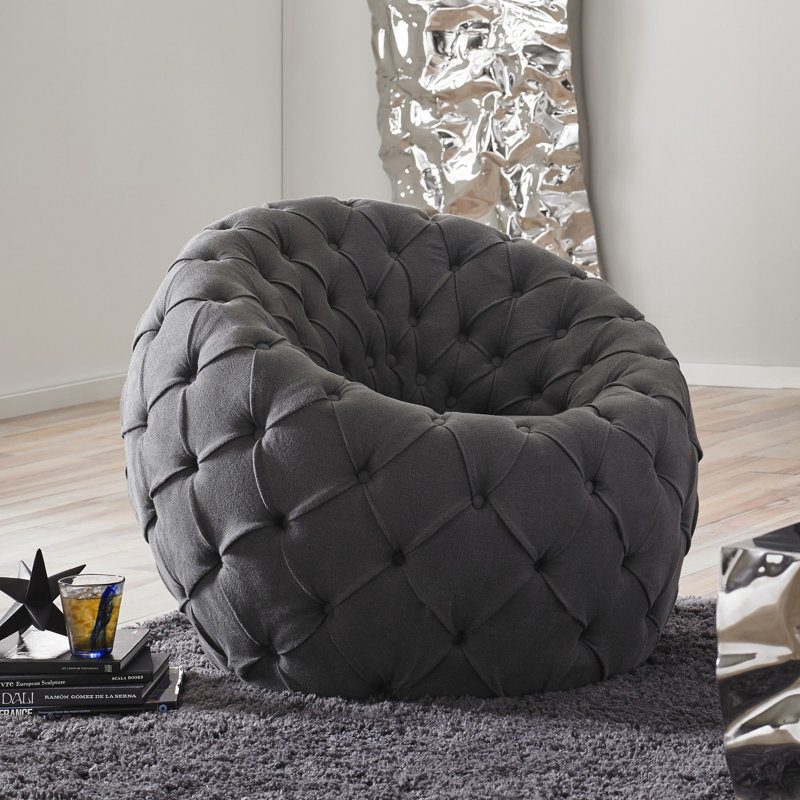 Ramie Grey Faux Leather 35" Wide Tufted Barrel Accent Chair