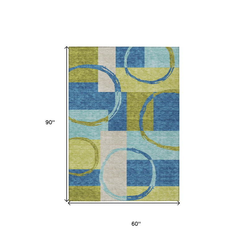 Tapis extérieur lavable à motif géométrique 5 pi x 8 pi bleu et vert lime