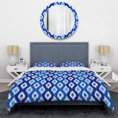 Blue Ikat Ogee - Ensemble de housse de couette abstrait - Microfibre de polyester