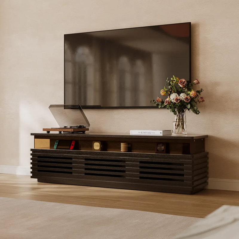 Console multimédia à lattes Selene avec éclairage DEL, aucun assemblage requis, Noir, H 20,47 po x L 70,87 po x l 17,72 po