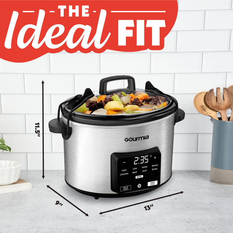 Gourmia 4.5 Quart  Digital Slow Cooker With Led Display, 5 Presets, And Locking Lid, Stainless Steel, Silver