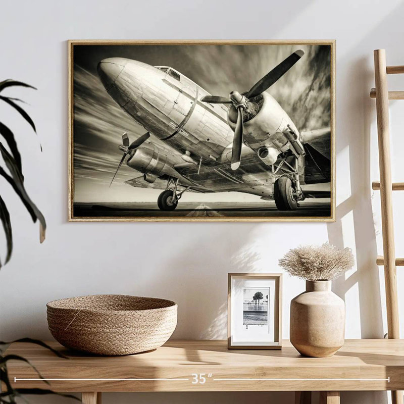 Avion rétro monochrome, 25 po x 17 po, Cadre flottant en bois naturel