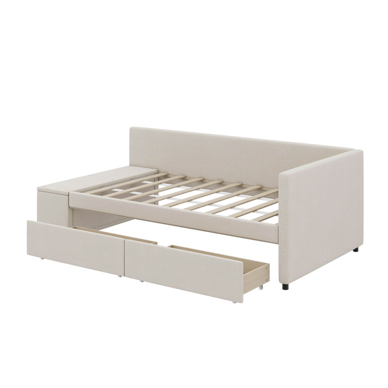 Lit plateforme simple en L avec tiroirs de rangement sous le lit, Beige