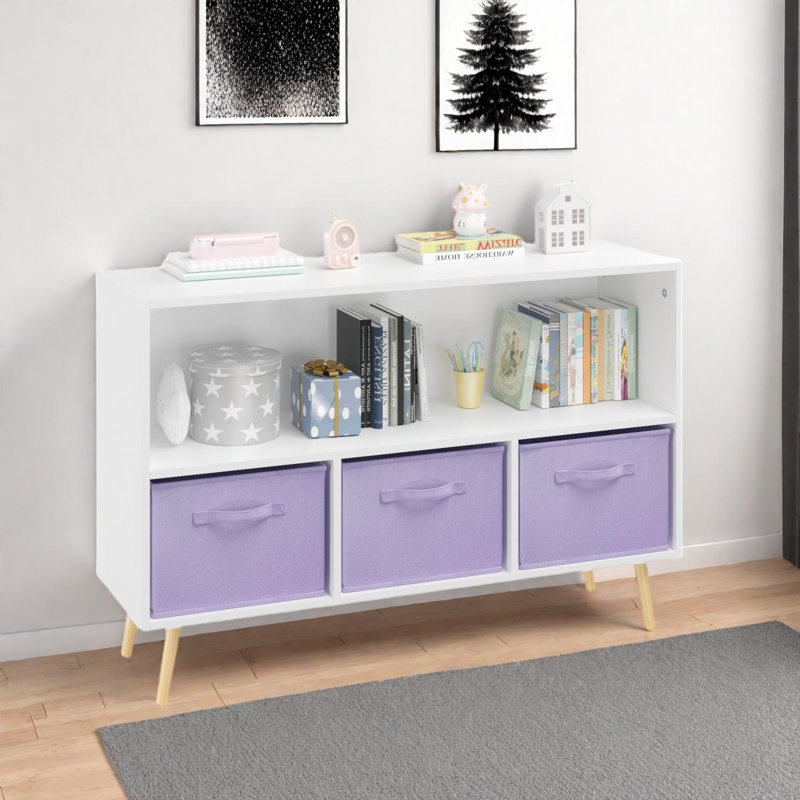 Kids Bookcase with Collapsible Fabric Drawers, Book Display and Toy Storage, White/Purple