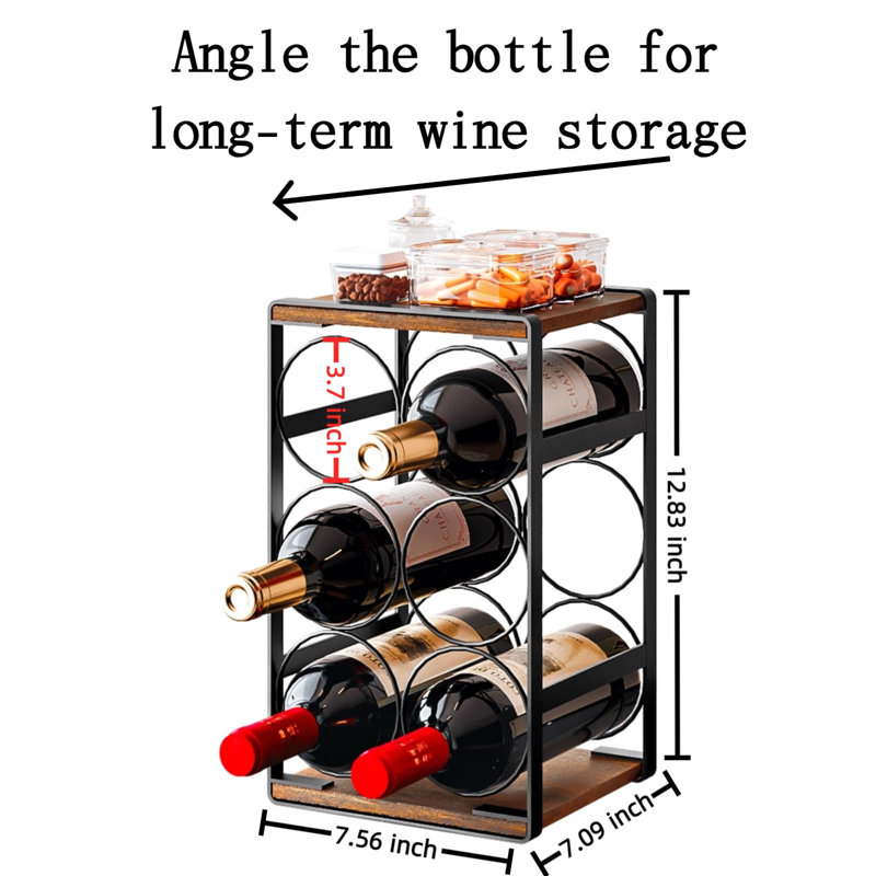 Wood Countertop Wine Rack No Need Assembly 6 Bottles Black + Rustic Brown