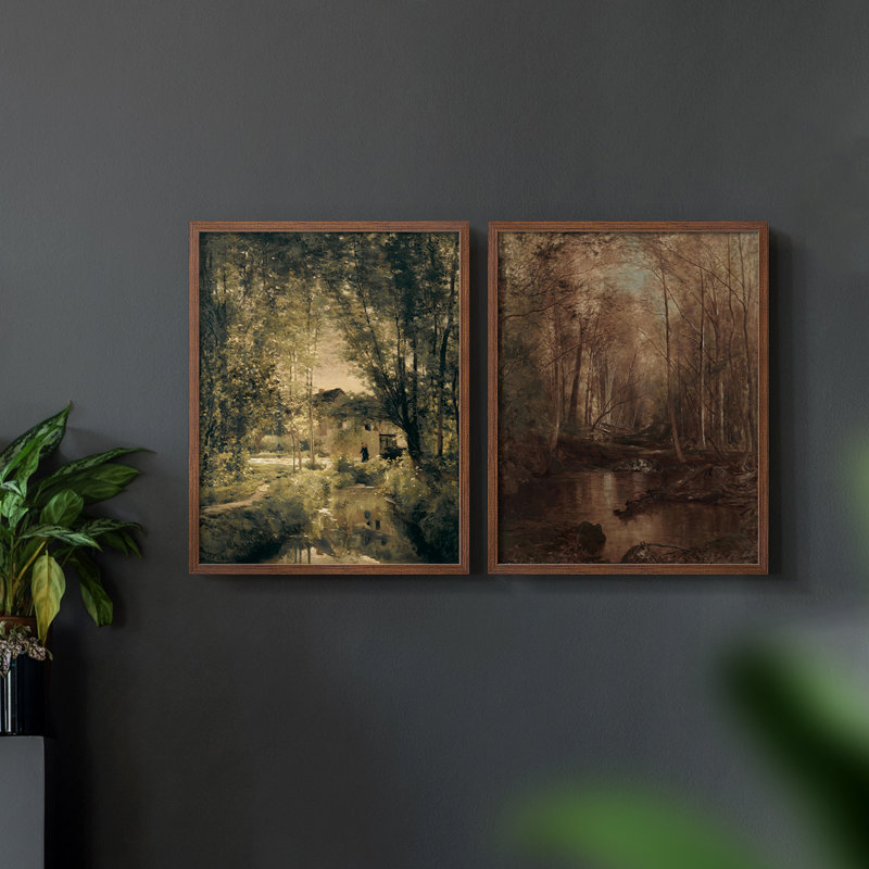 «Vintage Landscape VI», impression giclée sur cadre - ensemble de 2, Noyer, H 17 po x l 42 po
