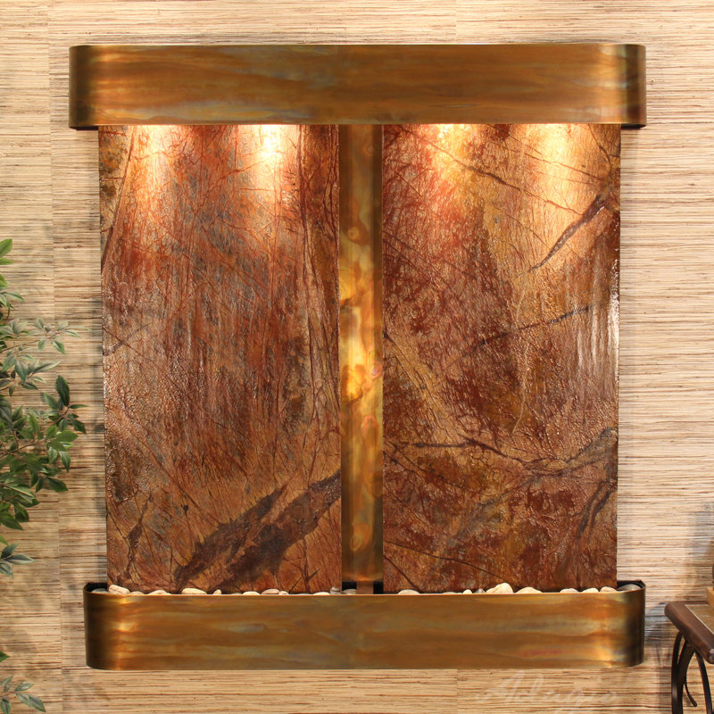 Aspen Falls Natural Stone Fountain with Light, Rainforest Brown Marble, Rustic Copper