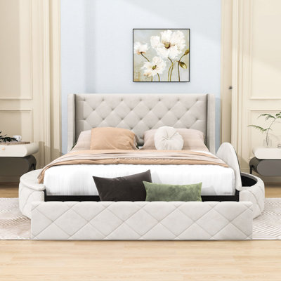 Grand lit plateforme tapissier en velours avec tête de lit à oreilles, grand tiroir et 2 repose-pieds de rangement latéraux - beige