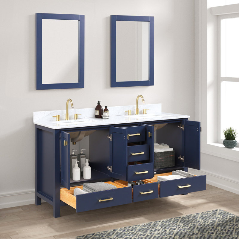 Meuble-lavabo double 60 po avec plateau en marbre de Carrare et miroir Gamali, Bleu