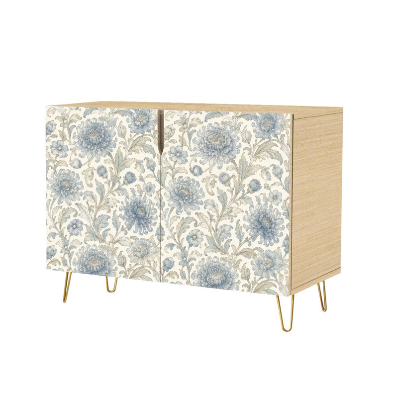 Buffet Buffet avec rangement Chrysanthème bleu floral rétro avec 2 portes pour le salon et la cuisine