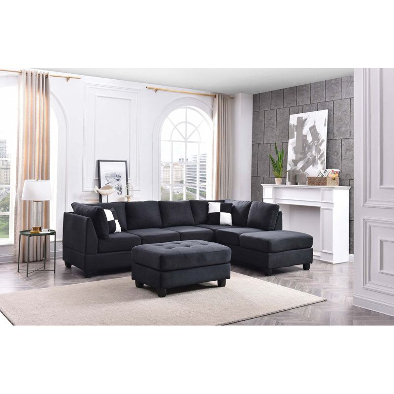 Sectionals (Without Ottoman), Right Hand Facing, Black Blue Fabric