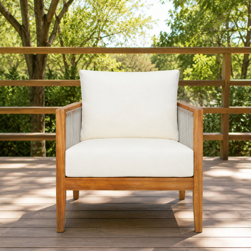 Outdoor Club Chair with Sturdy Acacia Wood Frame, Breathable Woven Rope Back, Plush Water-Repellent Cushions, Weather Resistant Casual Seating