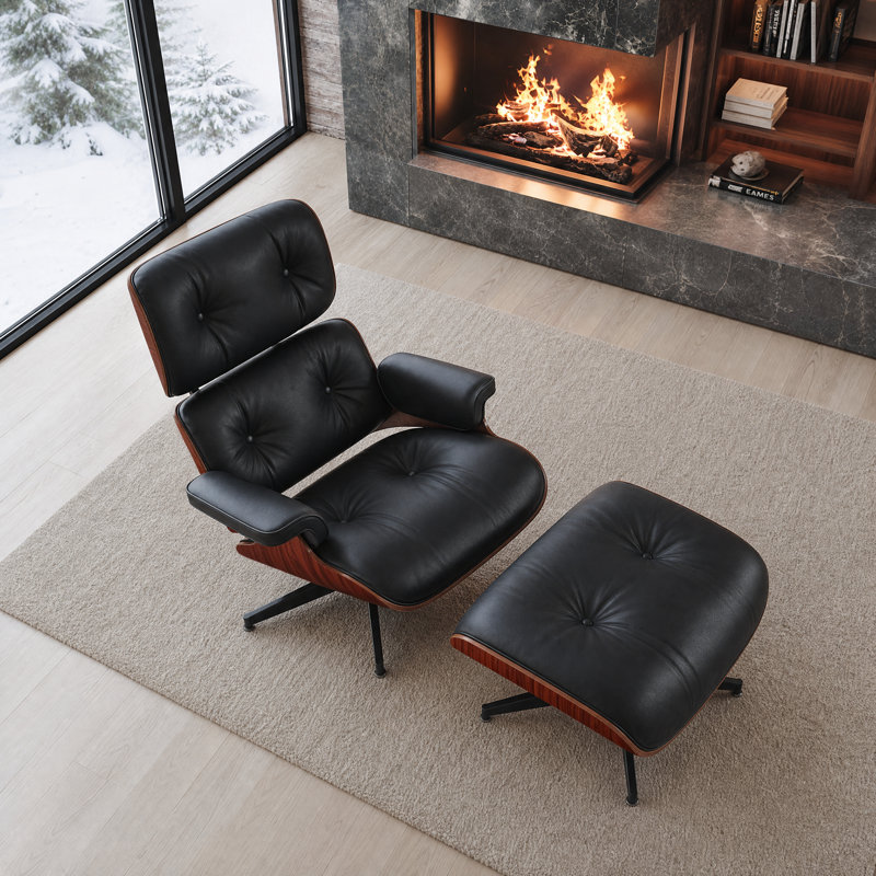 Méridienne Mid-Century en cuir véritable avec repose-pieds et structure en bois massif pour le salon, la salle d'étude et la chambre d'amis
