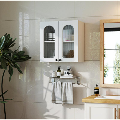Wall Cabinet,Arched Glass Door Display Wall Mounted Cabinet, Floating Cabinet With Inadjustable Shelves For Kitchen,Bathroom,Living Room