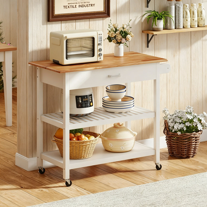 Natural & White Kitchen Island Trolley, 3-Tier Rolling Serving Utility Cart with Wood Countertop, Drawer & 2 Open Storage Shelves, Lockable Casters Mobile Storage Trolley for Dining Room Kitchen