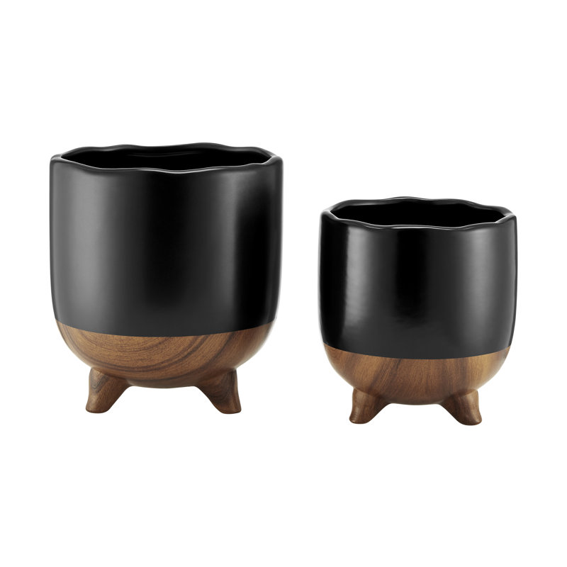 Masanari Modern Mortar Two Tone Flower Pot Planter Cachepot Set Of 2 Sizes - Black And Walnut