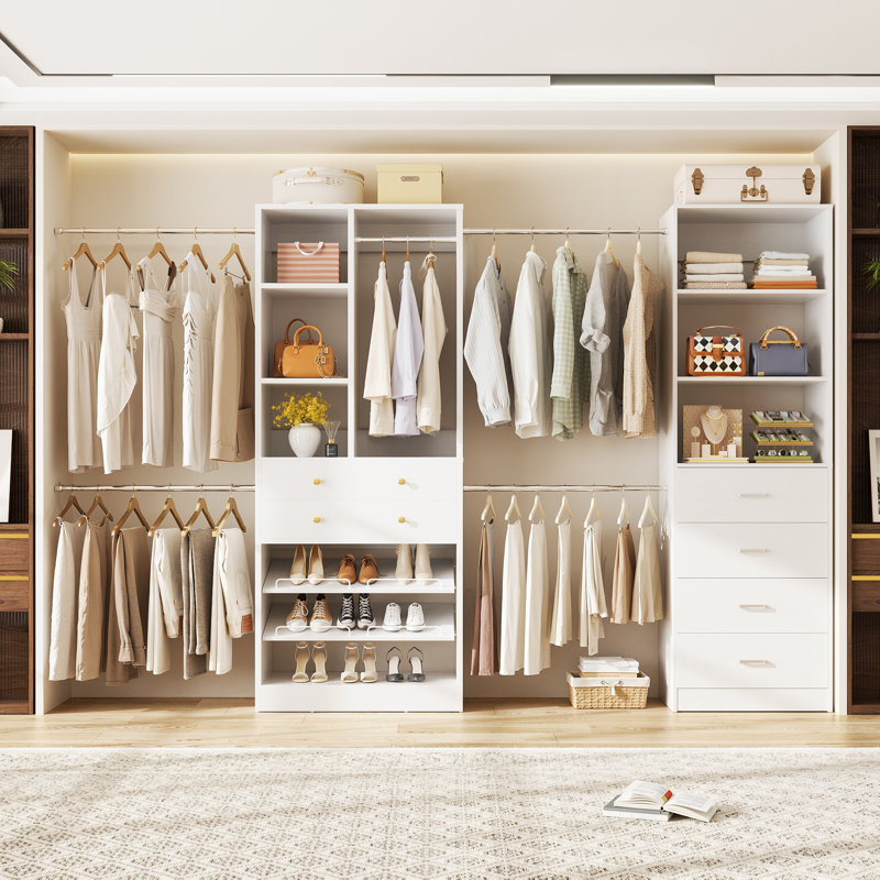 Closet System Set With 6 Drawers And 5 Hanging Rods, White