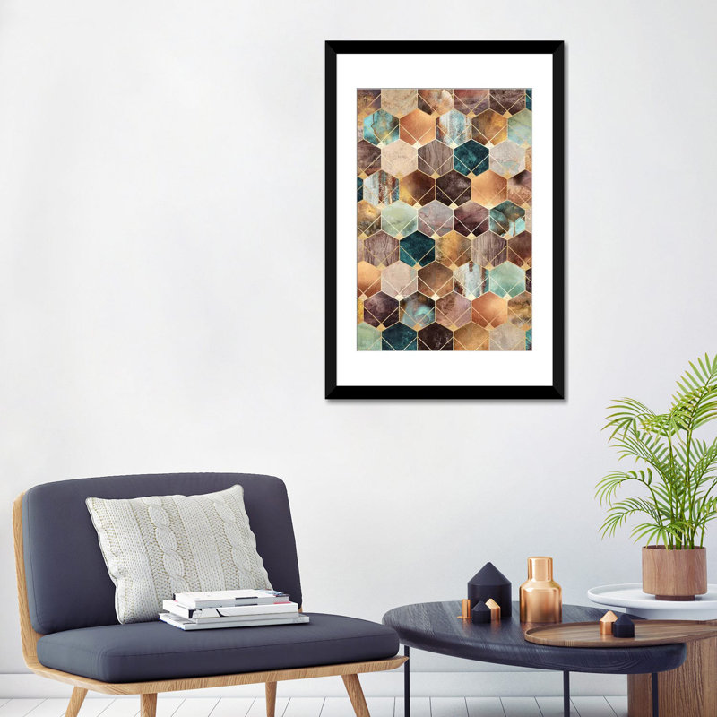 «Natural Hexagons and Diamonds», impression sur toile, H 32 po x l 24 po x P 1 po, Papier d'art encadré noir, Blanc