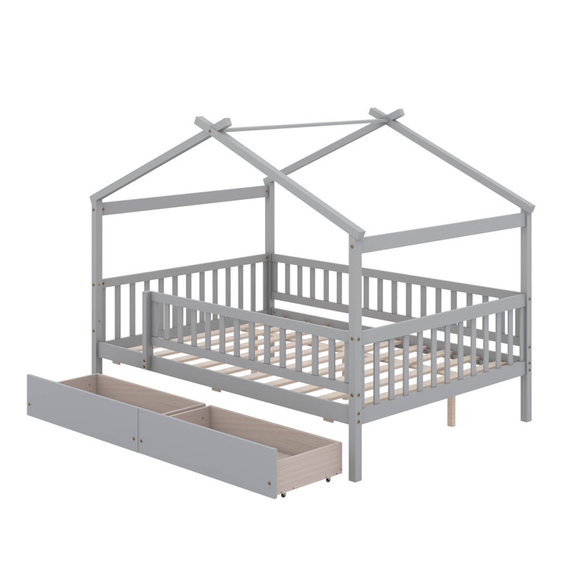 Lit double en bois avec tiroirs, Grey