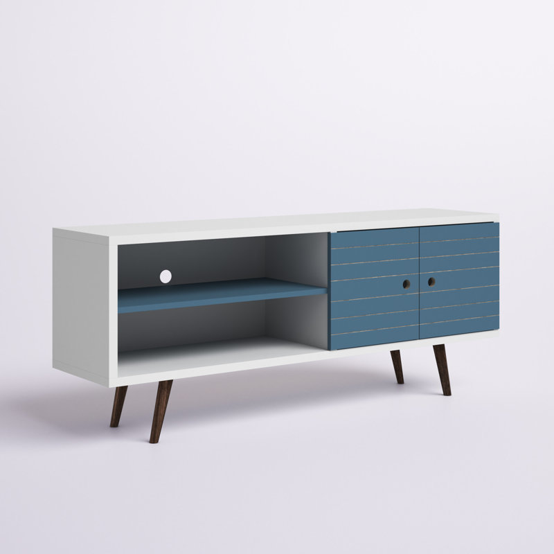 Liberty 63" Mid-Century Modern 3-Shelf TV Stand for TVs up to 60" in Blue Slate and White, White/Aqua Blue