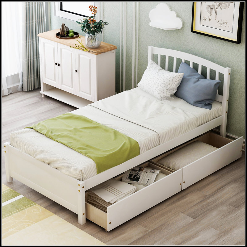 Élégante base de lit plateforme en bois avec deux tiroirs spacieux et une tête de lit élégante pour un rangement et une durabilité accrus