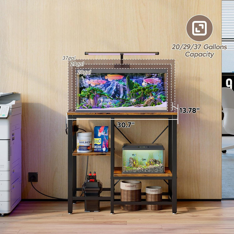 Rustic Brown Metal Fish Tank Stand with Adjustable Shelves