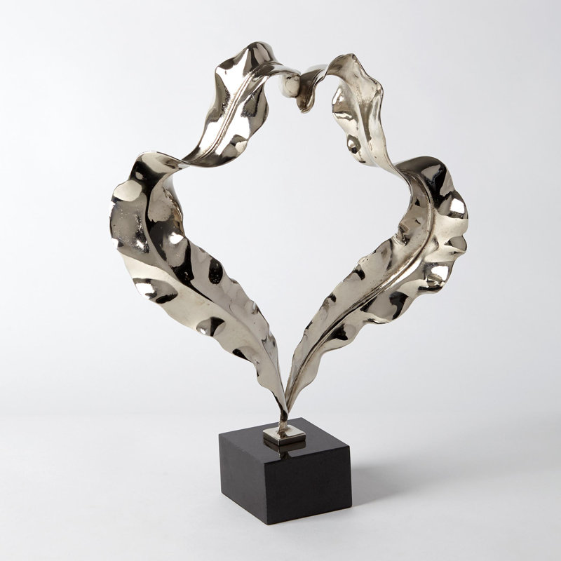 Large Polished Nickel Leaf Sculpture with Black Marble Base