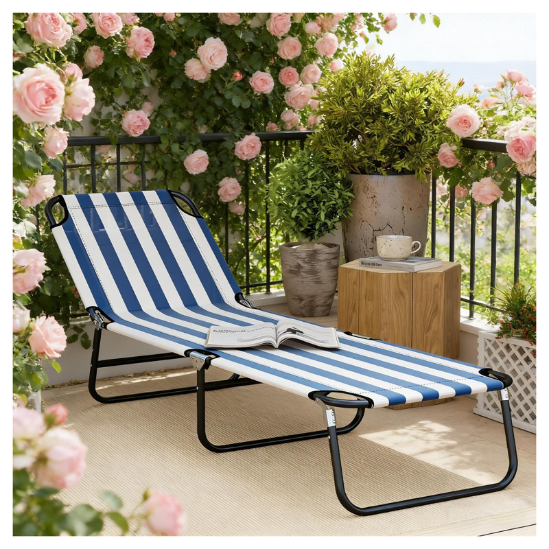 Chaise longue de camping, fauteuil de bronzage pliant moderne avec structure en acier, tissu Oxford bleu et blanc pour l'extérieur, la piscine et la plage