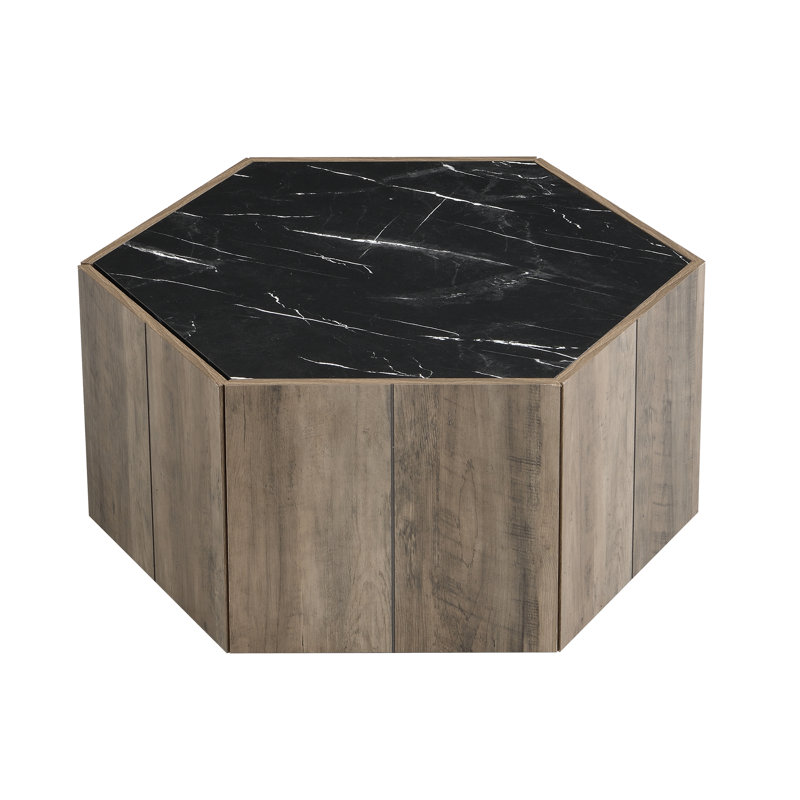 Table basse hexagonale rustique en bois rétro (table incluse seulement), Noir, Marron clair