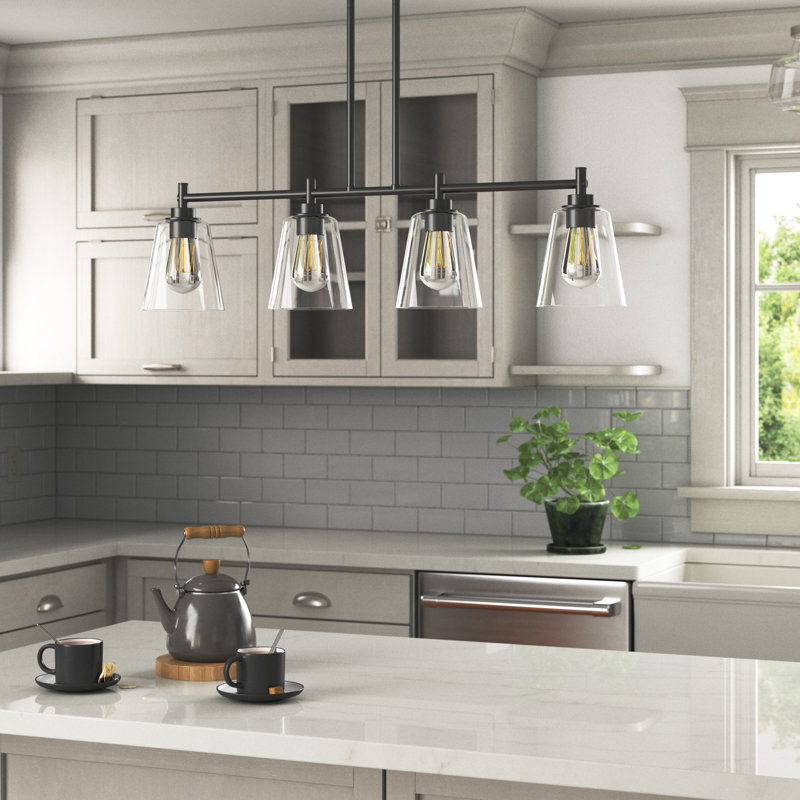 Washington Mews 34" W Metal 4-Light Kitchen Island Pendant with Clear Glass Shades, Matte Black