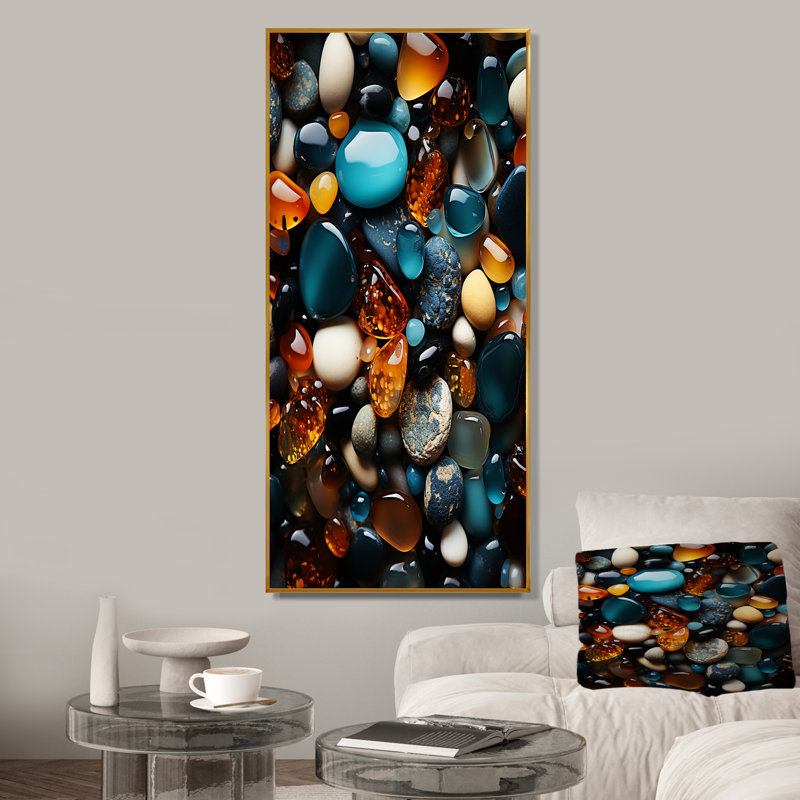 «Blue and Orange Hermatite Fusion», art mural pierre géode, Cadre flottant doré, H 60 po x l 28 po x P 1,5 po