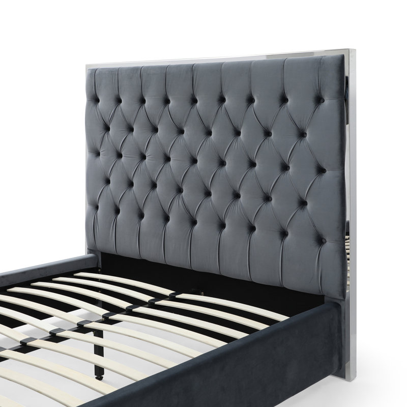 Lotman Velvet Upholstered With Silver Frame, Queen, Gray