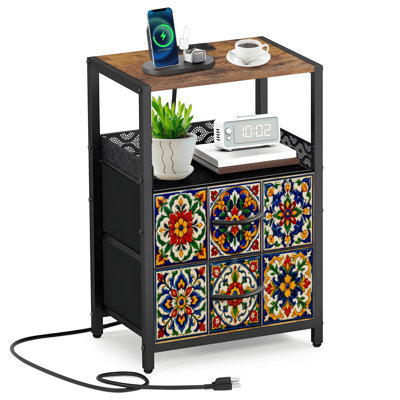2 Fabric Drawers Night Stand with Charging Station Mexican talavera ceramic tile seamless Ethnic folk Bedroom Bedside Table End Table with Open Shelf USB Ports and Outlets