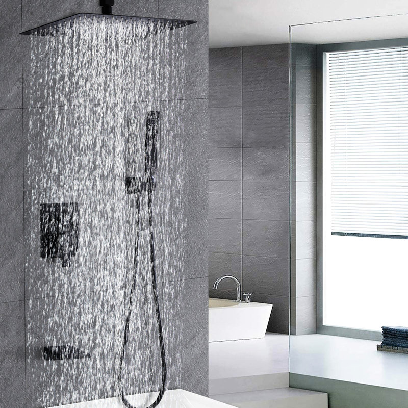 Wall Mounted 12" Shower Machinery Construction Kit, Matte Black, Stainless Steel With Handheld & Waterfall Tub Spout Gear, And