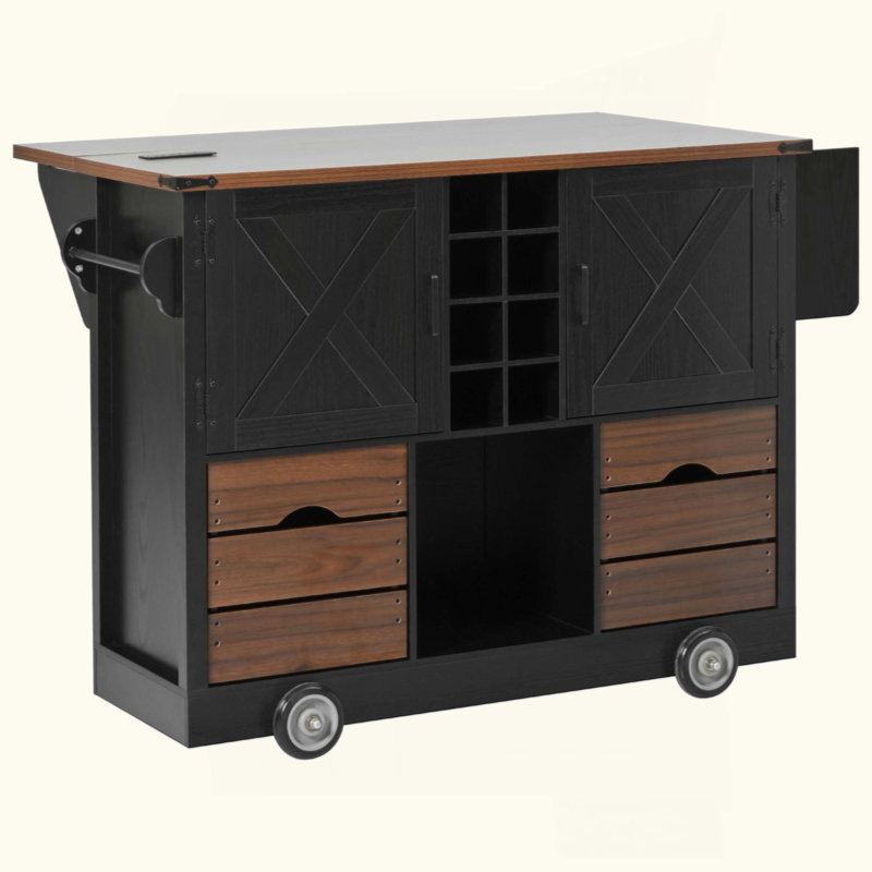 Farmhouse Kitchen Island With Drop Leaf, Power Outlet, Kitchen Storage Cart With 2 Doors, 2 Drawers, Rolling Kitchen Island On 4 Large Wheels With Spice Rack For Kitchen, Dining Room